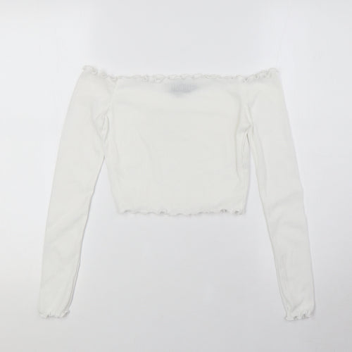 PRETTYLITTLETHING Womens White Polyester Basic Blouse Size 6 Off the Shoulder - Ribbed