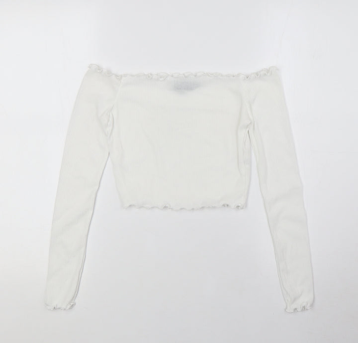 PRETTYLITTLETHING Womens White Polyester Basic Blouse Size 6 Off the Shoulder - Ribbed
