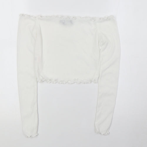 PRETTYLITTLETHING Womens White Polyester Basic Blouse Size 6 Off the Shoulder - Ribbed