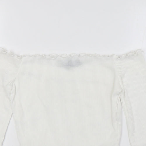 PRETTYLITTLETHING Womens White Polyester Basic Blouse Size 6 Off the Shoulder - Ribbed