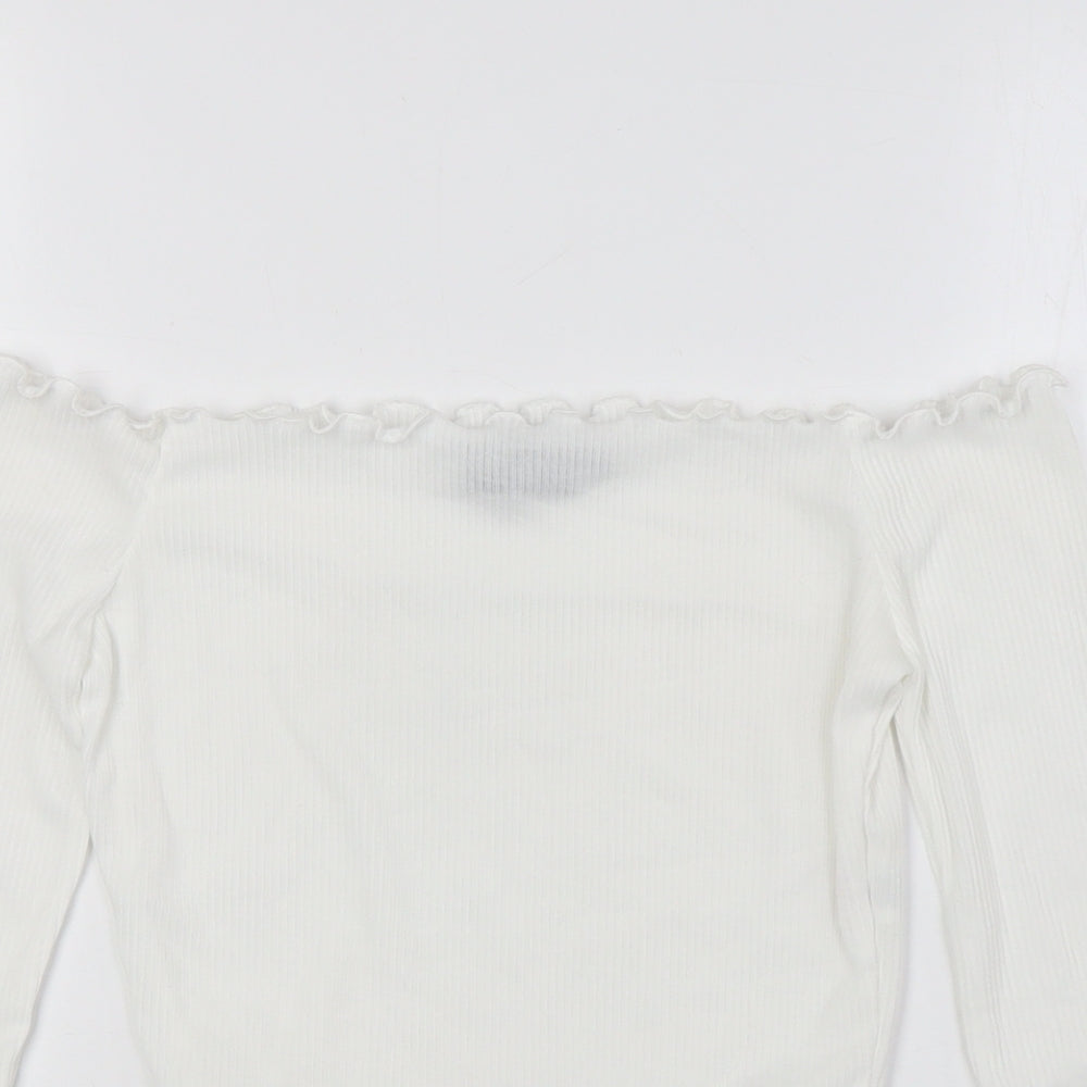 PRETTYLITTLETHING Womens White Polyester Basic Blouse Size 6 Off the Shoulder - Ribbed