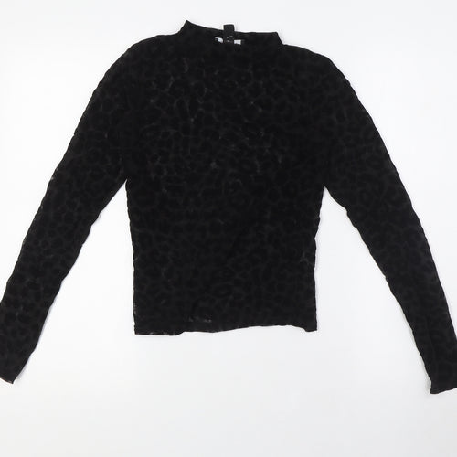 New Look Womens Black Animal Print Polyester Basic T-Shirt Size 8 Mock Neck