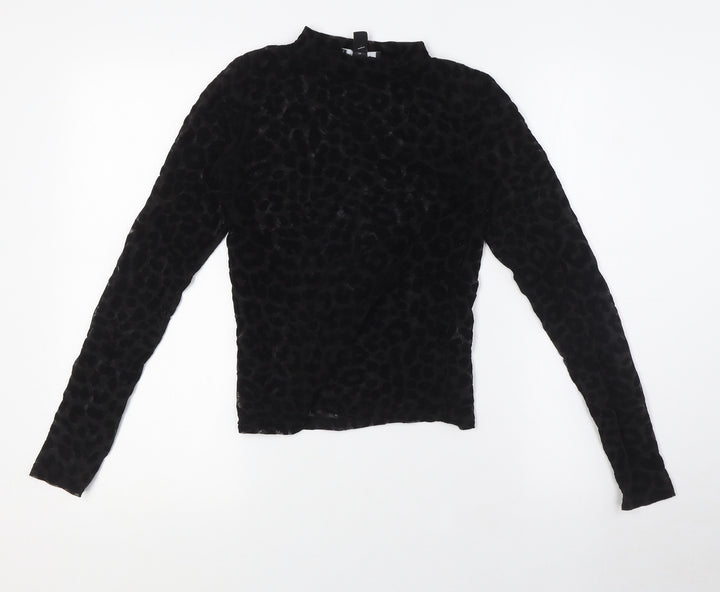 New Look Womens Black Animal Print Polyester Basic T-Shirt Size 8 Mock Neck