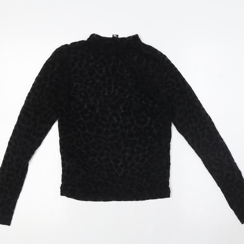 New Look Womens Black Animal Print Polyester Basic T-Shirt Size 8 Mock Neck