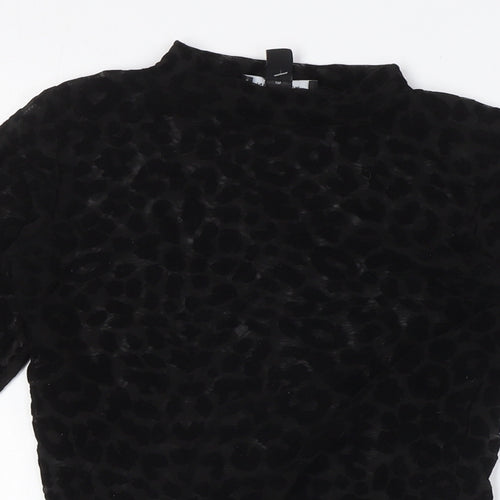 New Look Womens Black Animal Print Polyester Basic T-Shirt Size 8 Mock Neck