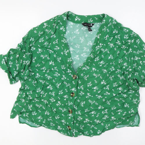 New Look Womens Green Floral Viscose Basic Button-Up Size 12 V-Neck