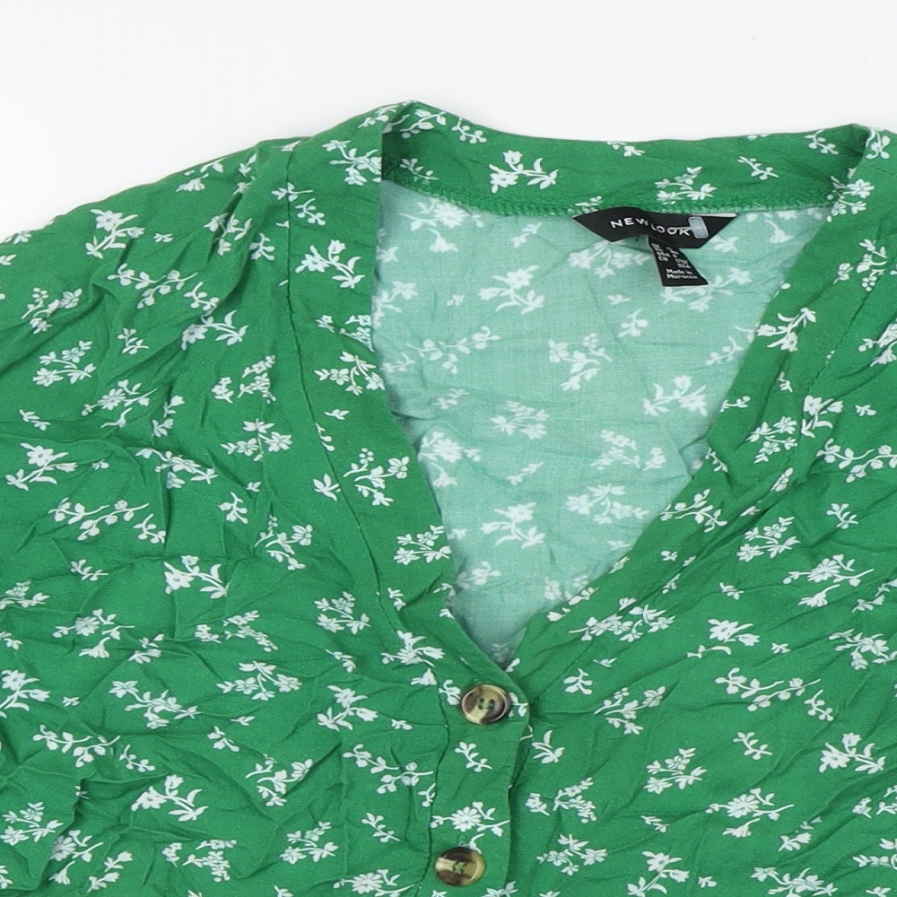 New Look Womens Green Floral Viscose Basic Button-Up Size 12 V-Neck
