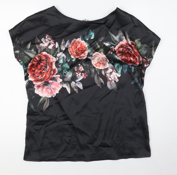 Marks and Spencer Womens Black Floral Polyester Basic T-Shirt Size 10 Boat Neck