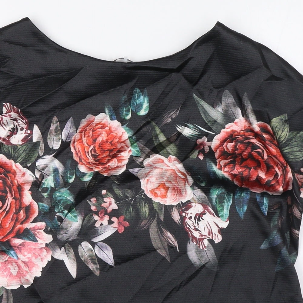 Marks and Spencer Womens Black Floral Polyester Basic T-Shirt Size 10 Boat Neck