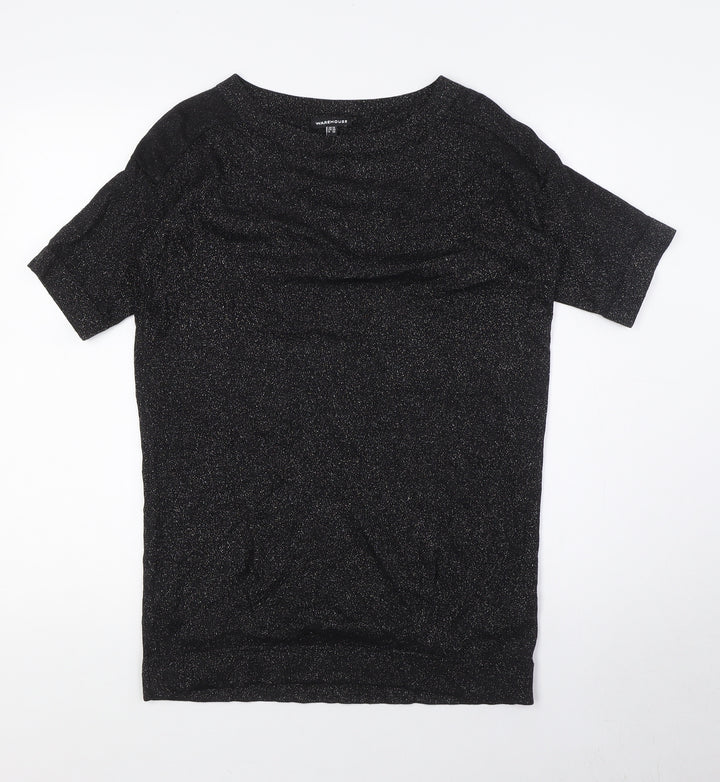 Warehouse Womens Black Viscose Basic T-Shirt Size 10 Crew Neck - Silver Fleck