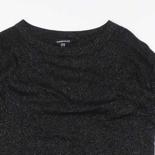 Warehouse Womens Black Viscose Basic T-Shirt Size 10 Crew Neck - Silver Fleck