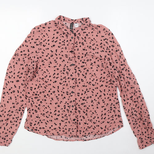 Divided by H&M Womens Pink Animal Print Viscose Basic Button-Up Size 4 Collared