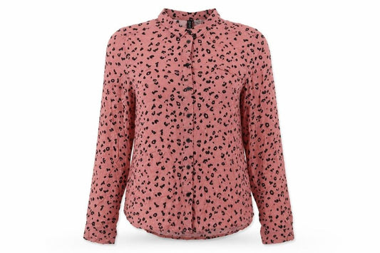 Front view of Divided by H&M women’s pink animal print viscose basic button-up, size UK 4, collared