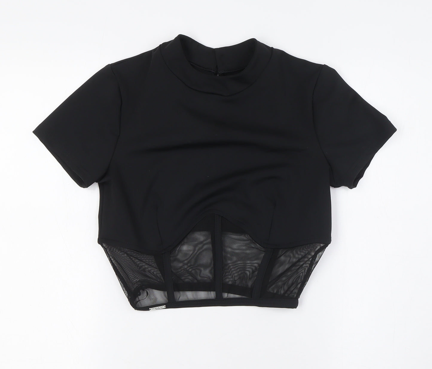 Paradise Chick Womens Black Polyester Basic Blouse Size S Round Neck - Sheer Waist