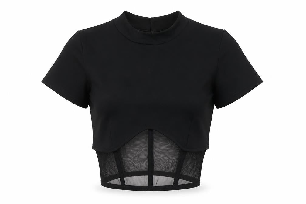 Front view of Paradise Chick women’s black polyester basic blouse, size S, round neck - sheer waist