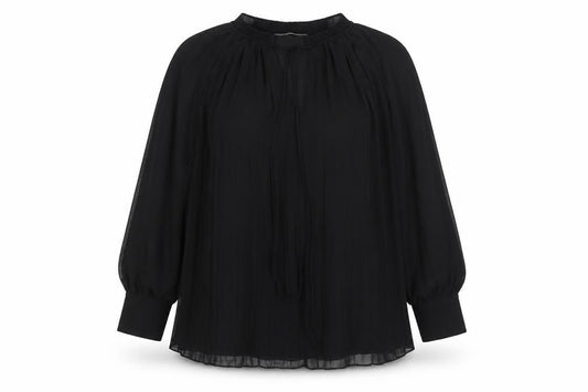 Front view of H&M women’s black polyester basic blouse, size XL, mock neck - pleated