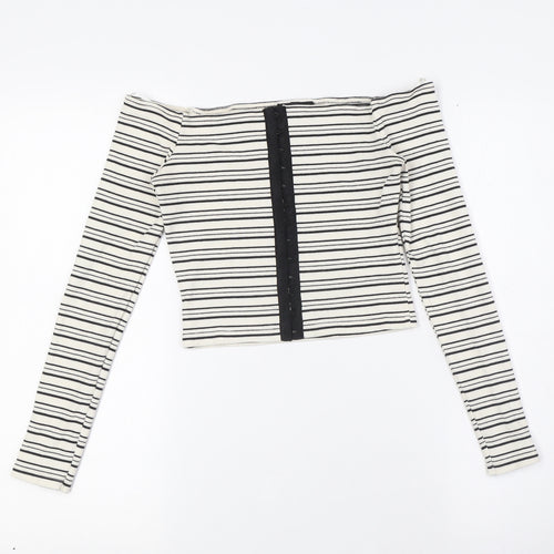 Topshop Womens Ivory Striped Cotton Basic Button-Up Size 8 Off the Shoulder