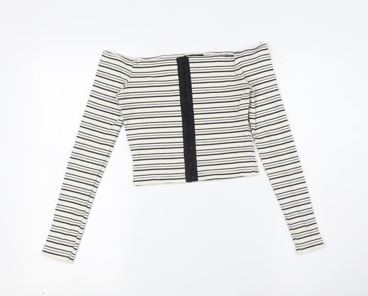 Topshop Womens Ivory Striped Cotton Basic Button-Up Size 8 Off the Shoulder