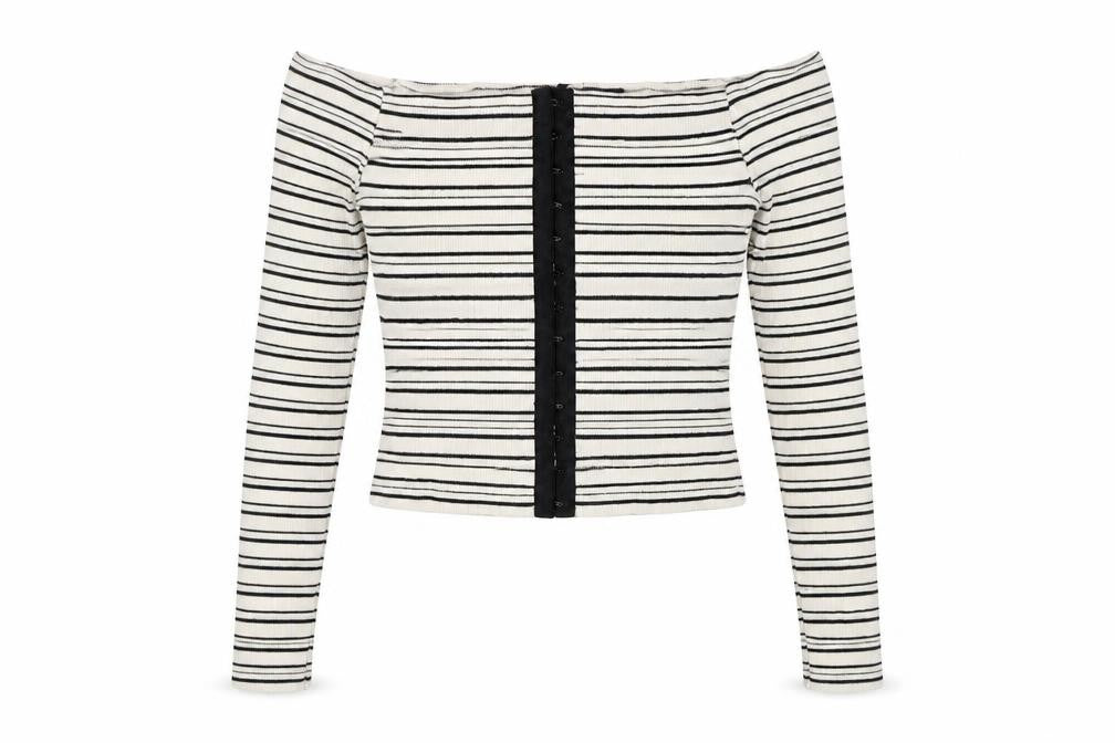 Front view of Topshop women’s ivory striped cotton basic button-up, size UK 8, off the shoulder