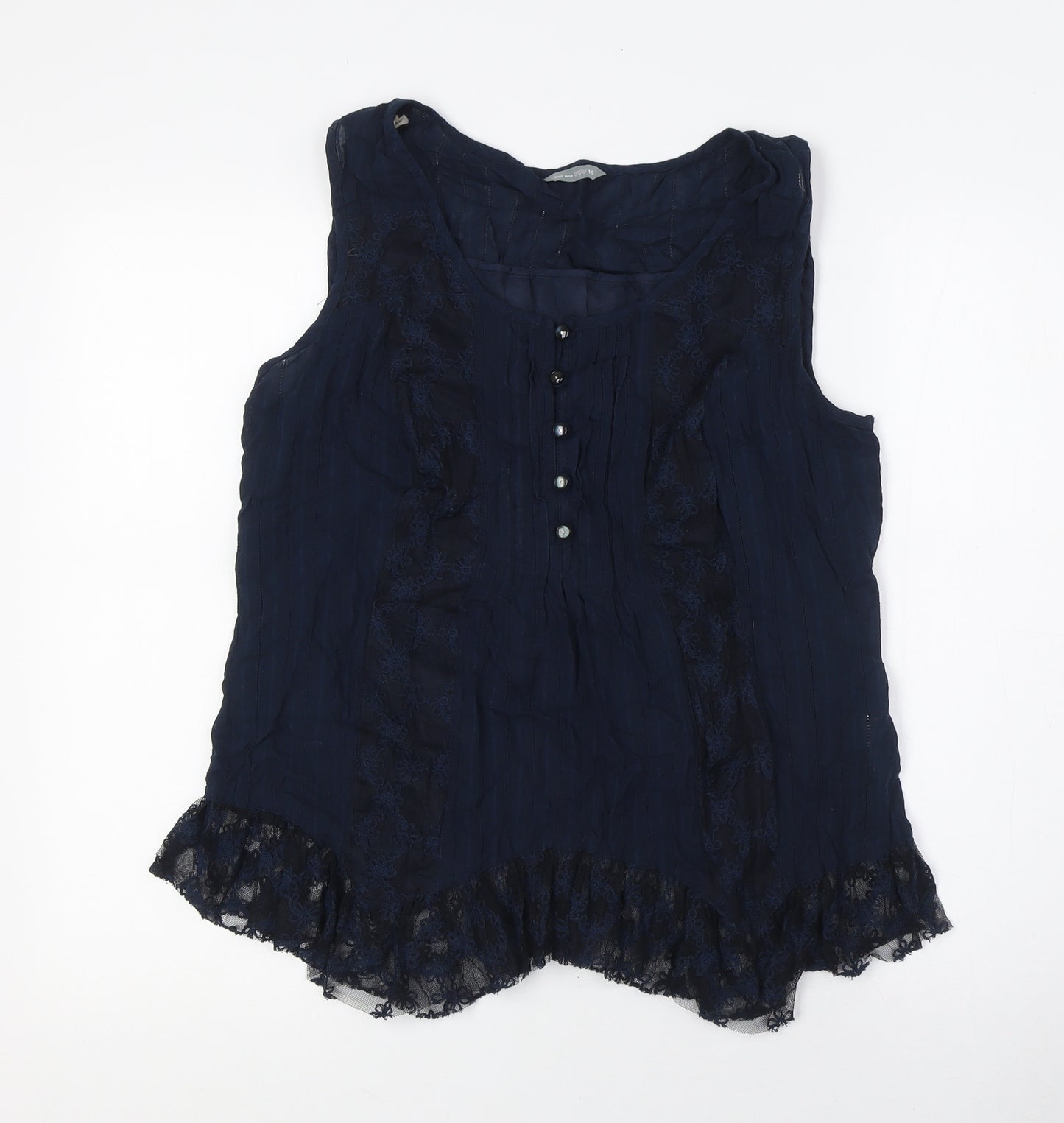 Per Una Womens Blue Cotton Basic Blouse Size 16 Round Neck - Lace Detail
