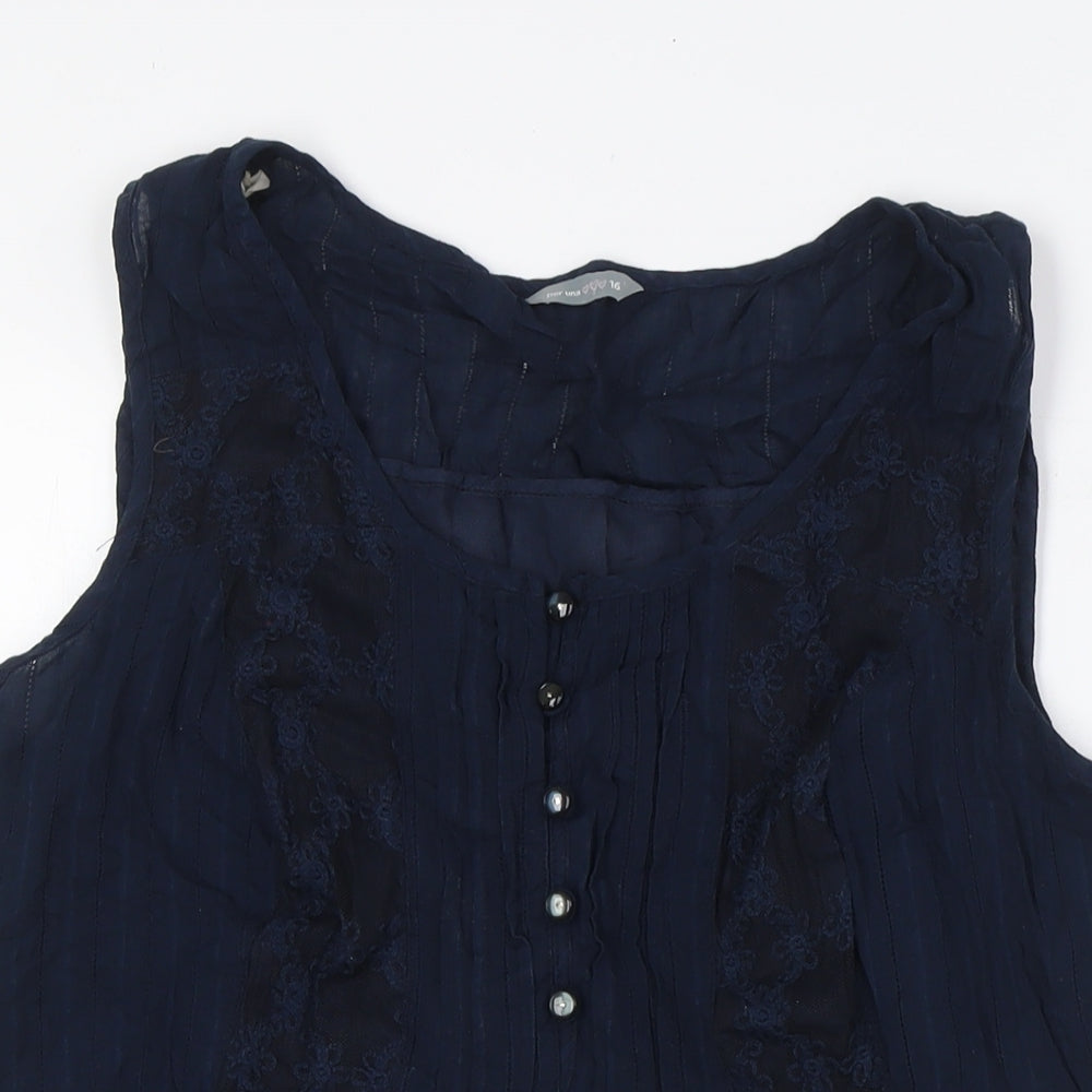 Per Una Womens Blue Cotton Basic Blouse Size 16 Round Neck - Lace Detail