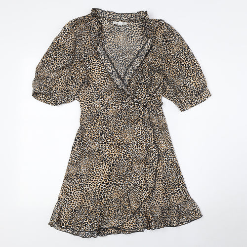 Topshop Womens Multicoloured Animal Print Polyester Wrap Dress Size 12 V-Neck Tie - Frilled Collar