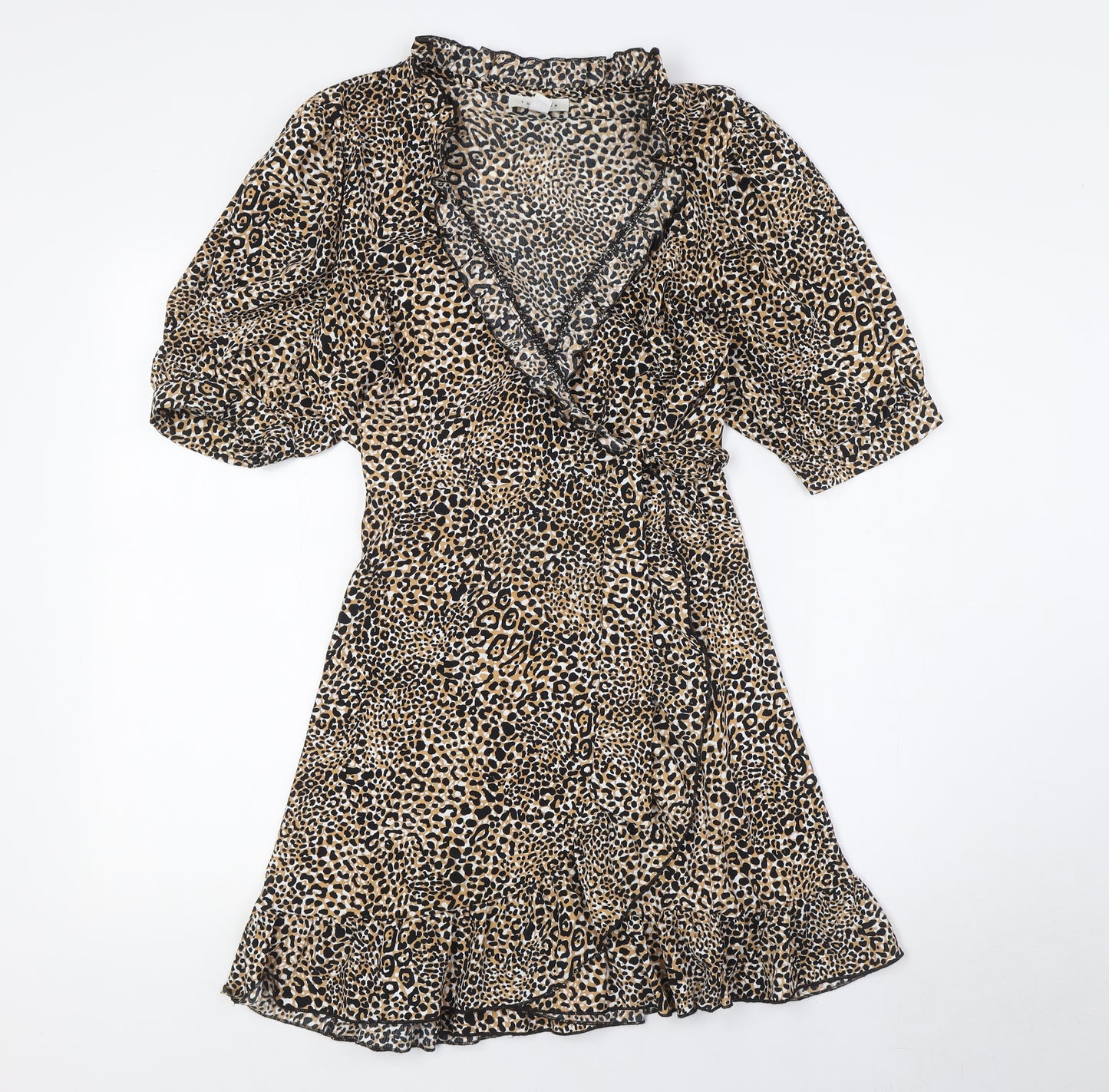 Topshop Womens Multicoloured Animal Print Polyester Wrap Dress Size 12 V-Neck Tie - Frilled Collar
