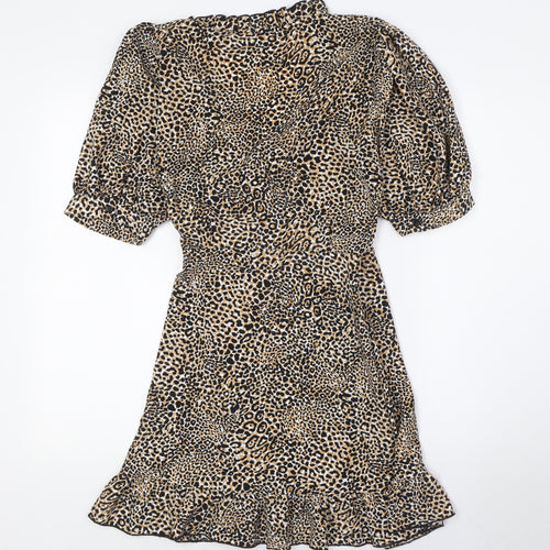 Topshop Womens Multicoloured Animal Print Polyester Wrap Dress Size 12 V-Neck Tie - Frilled Collar
