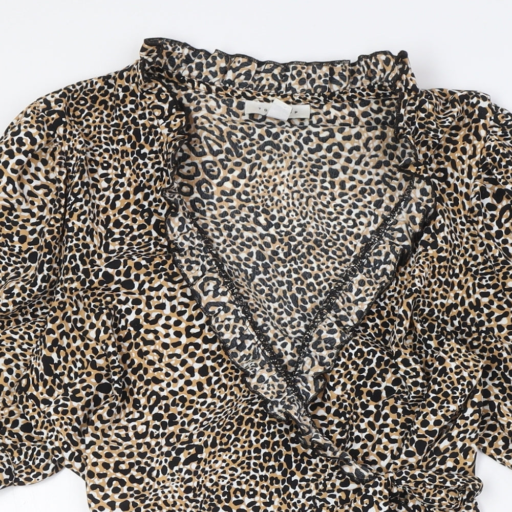Topshop Womens Multicoloured Animal Print Polyester Wrap Dress Size 12 V-Neck Tie - Frilled Collar