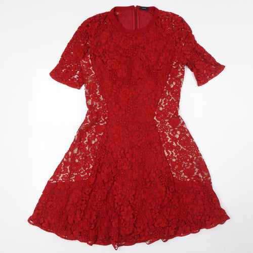Joseph Womens Red Viscose A-Line Size 12 Round Neck Zip - Lace Overlay