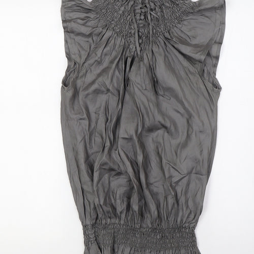 Topshop Womens Grey Silk Basic Blouse Size 8 Mock Neck - Open Back, Smocked Collar and Waist Band