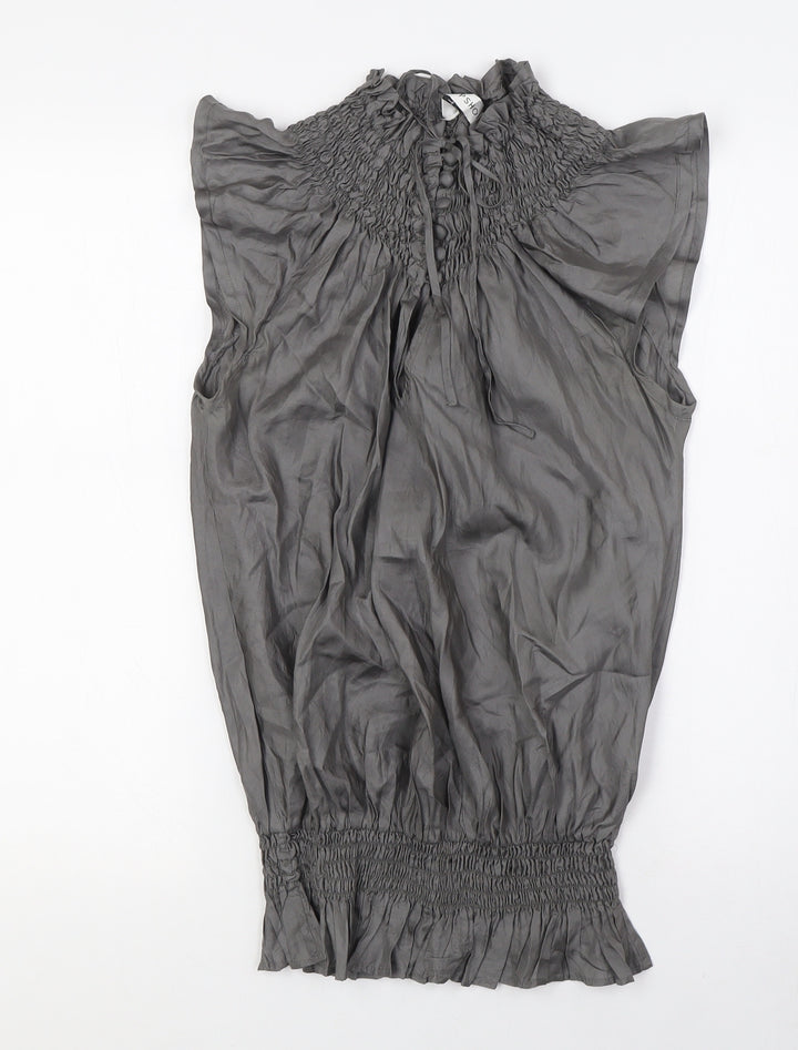 Topshop Womens Grey Silk Basic Blouse Size 8 Mock Neck - Open Back, Smocked Collar and Waist Band