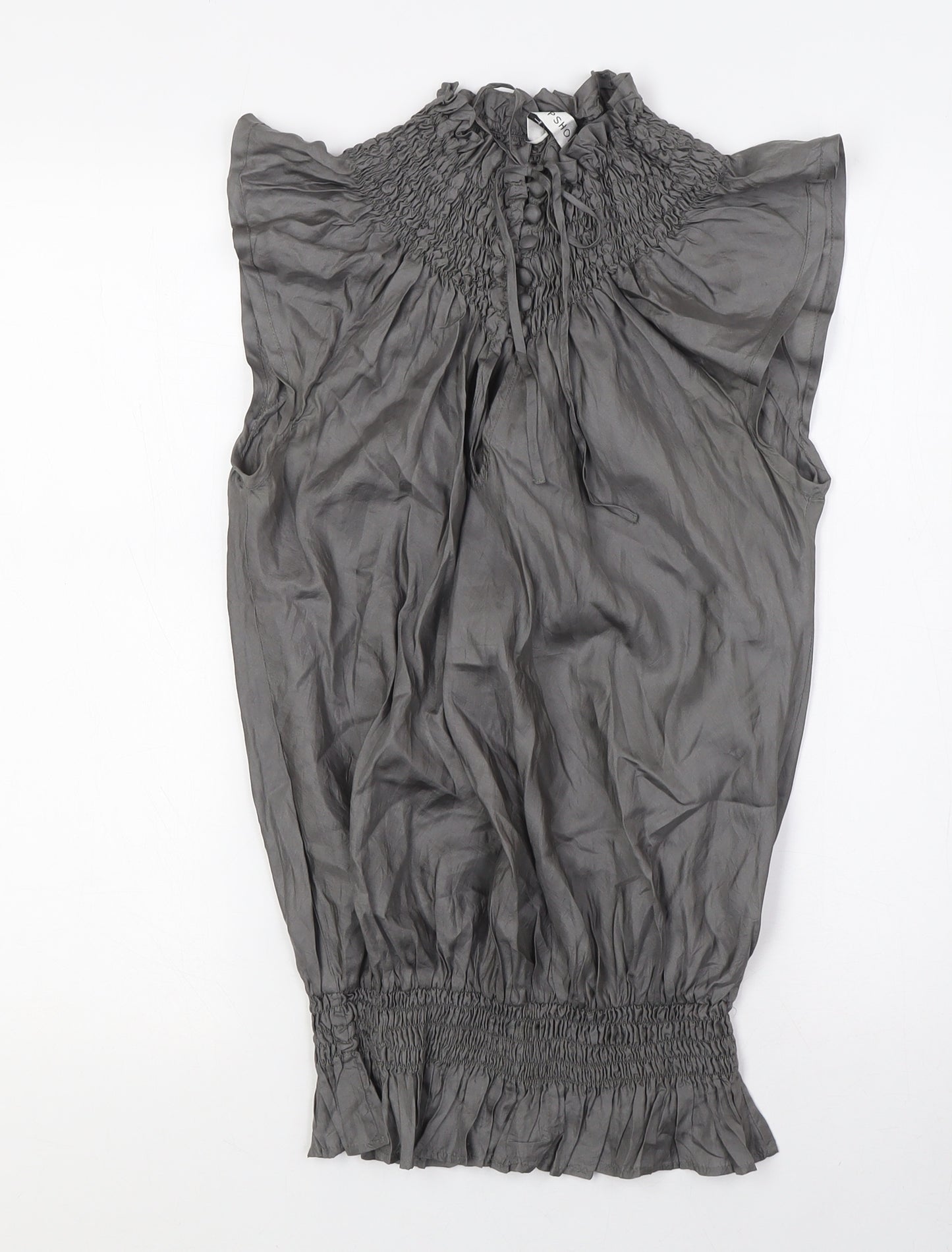 Topshop Womens Grey Silk Basic Blouse Size 8 Mock Neck - Open Back, Smocked Collar and Waist Band