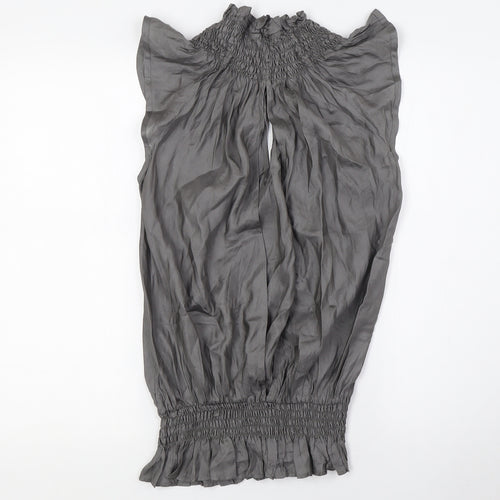 Topshop Womens Grey Silk Basic Blouse Size 8 Mock Neck - Open Back, Smocked Collar and Waist Band