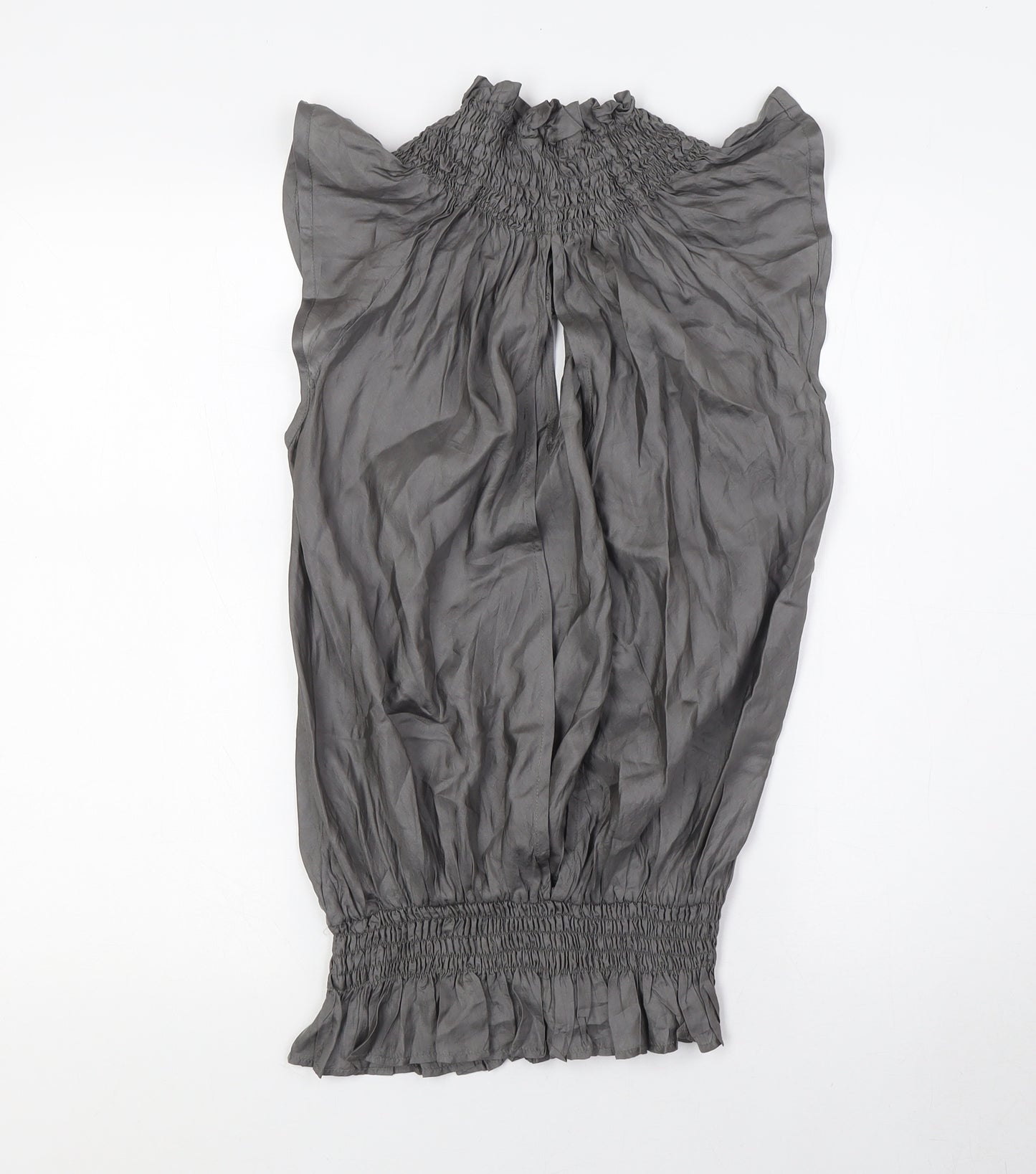 Topshop Womens Grey Silk Basic Blouse Size 8 Mock Neck - Open Back, Smocked Collar and Waist Band