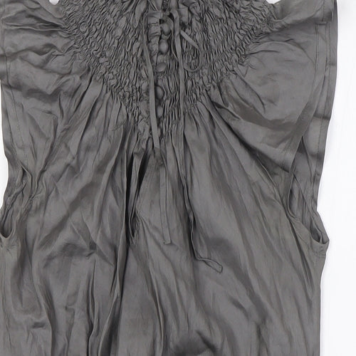 Topshop Womens Grey Silk Basic Blouse Size 8 Mock Neck - Open Back, Smocked Collar and Waist Band