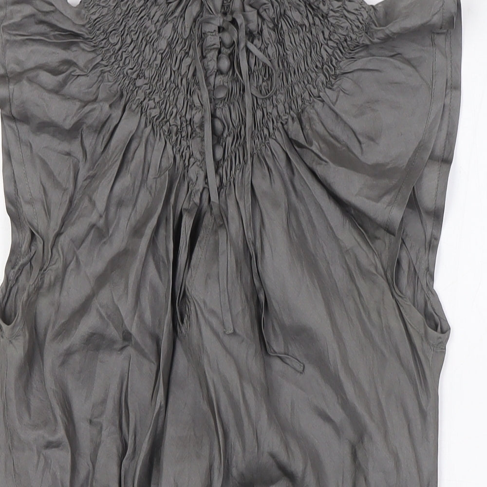 Topshop Womens Grey Silk Basic Blouse Size 8 Mock Neck - Open Back, Smocked Collar and Waist Band