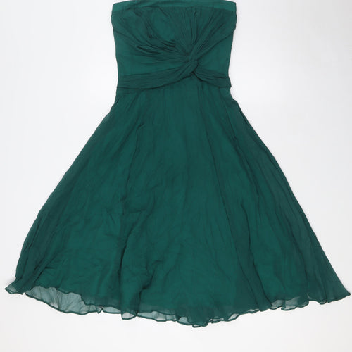 Warehouse Womens Green Silk A-Line Size 8 Off the Shoulder Zip - Knot Front Detail