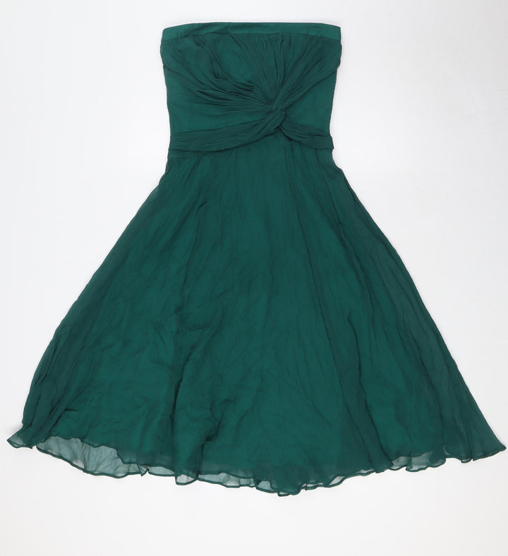Warehouse Womens Green Silk A-Line Size 8 Off the Shoulder Zip - Knot Front Detail