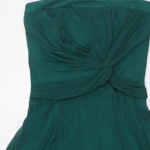 Warehouse Womens Green Silk A-Line Size 8 Off the Shoulder Zip - Knot Front Detail
