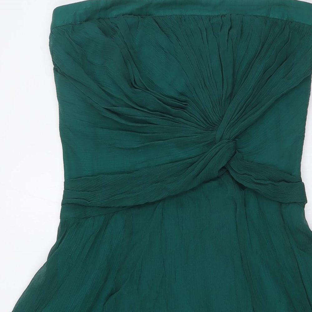Warehouse Womens Green Silk A-Line Size 8 Off the Shoulder Zip - Knot Front Detail