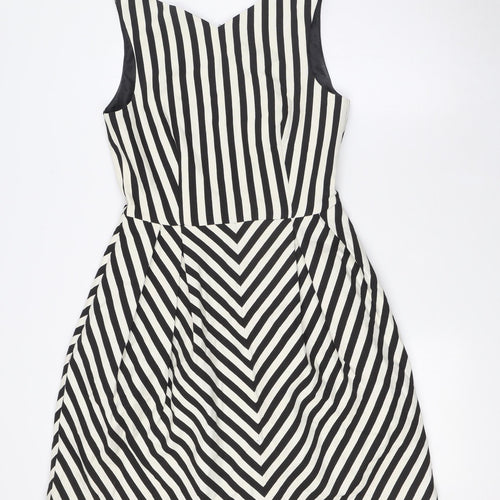 Zara Womens Black Striped Polyester A-Line Size M V-Neck Zip