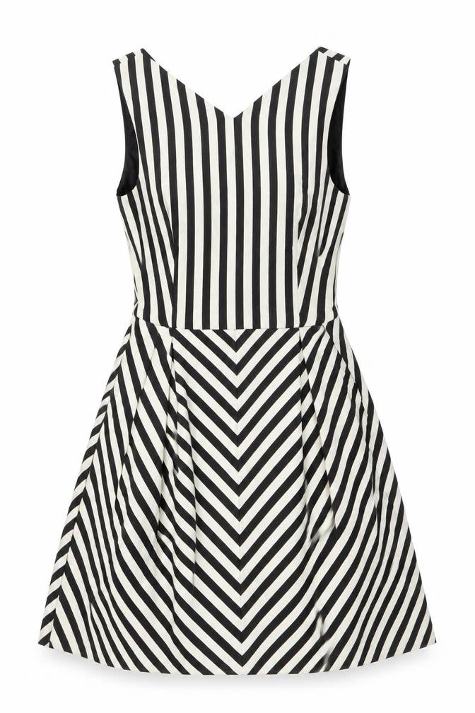 Front view of Zara women’s black striped polyester a-line, size M, v-neck zip