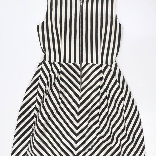 Zara Womens Black Striped Polyester A-Line Size M V-Neck Zip