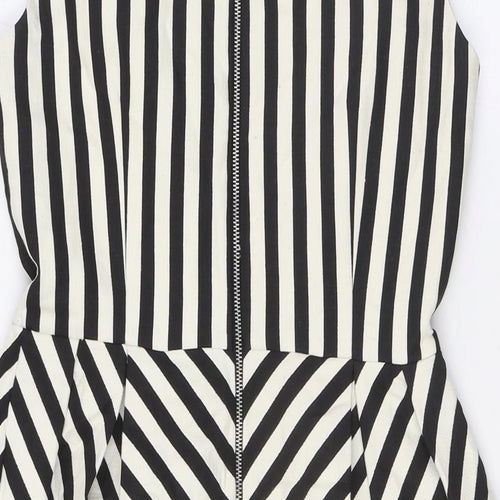 Zara Womens Black Striped Polyester A-Line Size M V-Neck Zip