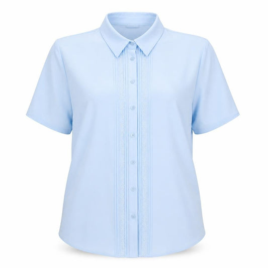 Front view of Bonmarché women’s blue polyester basic button-up, size UK 14, collared