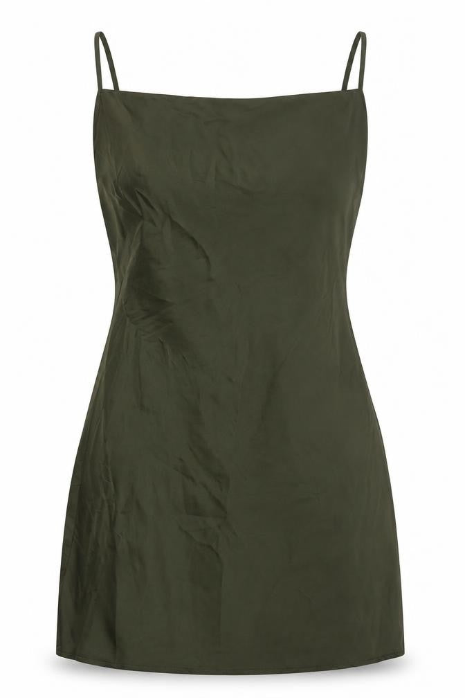 Front view of Stradivarius women’s green polyester a-line, size M, square neck