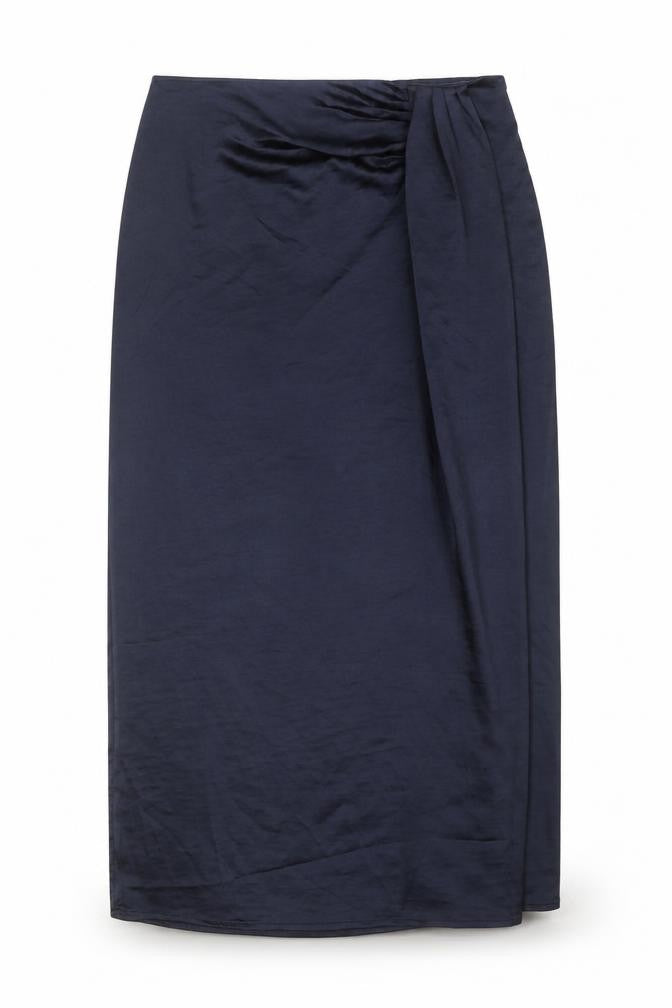 Front view of QED London women’s blue polyester a-line skirt, size UK 14, zip