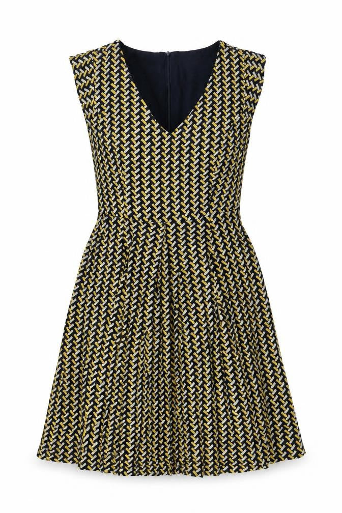Front view of Louche women’s multicoloured viscose a-line, size UK 10, v-neck zip - pockets