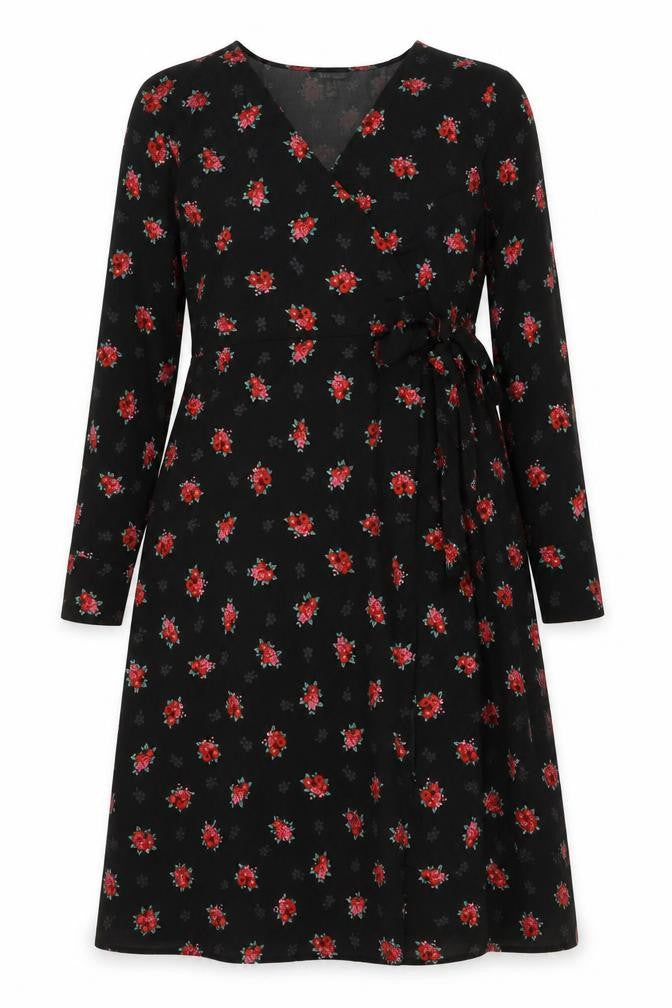 Front view of New Look women’s multicoloured floral polyester a-line, size UK 18, v-neck - wrap top